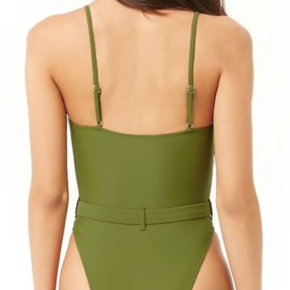 F21 Olive Green Belted High Leg One Piece Swimsuit - Picture 11 of 16
